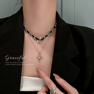 Double Layer Necklace Alloy Rhinestone Cross Pendant Faux Leather Woven Chain Vintage Elegant Jewelry For Women