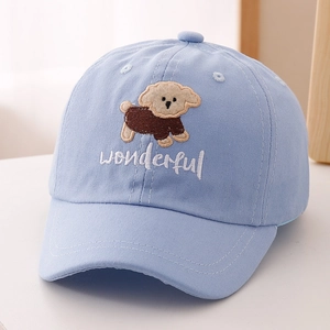 Close-up of cute dog embroidery and wonderful lettering on light blue cotton baseball cap
