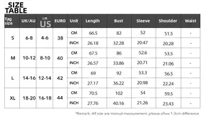 Size chart showing S-XL measurements for elegant long sleeve shirt sweater women
