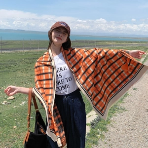 Stylish summer outdoor sun protection hat and plaid shawl scarf set for women beach wear.