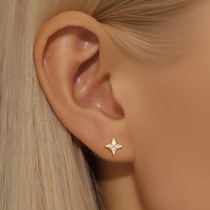 Detail view of a gold four-pointed star stud earring with zircon on ear cartilage