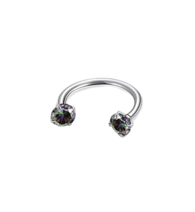 Detailed view of titanium horseshoe ring with iridescent zircon gems for piercing