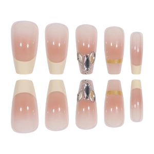 Creamy white and pink gradient coffin press-on nails with rhinestones and gold stripes
