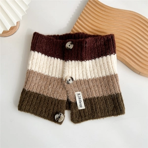 Detail of multi-color striped knitted neck warmer with three buttons and brand label