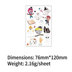 Glow-in-the-dark Halloween cartoon tattoos featuring ghosts and pumpkins, 76mm x 120mm size