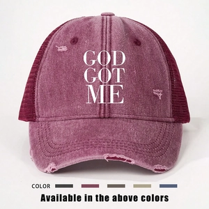 Distressed mesh trucker hat featuring GOD GOT ME bold print and adjustable strap
