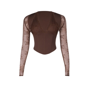 Detail of coffee brown lace corset top showing intricate stitching and floral patterns