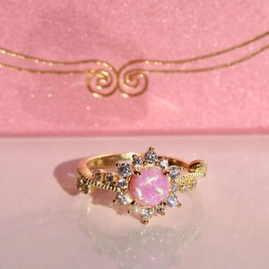 Pink opal pendant necklace in gold setting with micro-paved cubic zirconia accents