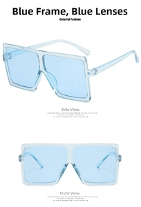 Detail view of transparent blue square sunglasses with light resin frames and matching lenses