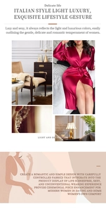 Detail of luxury wine red satin bathrobe with silky texture and elegant waist tie design