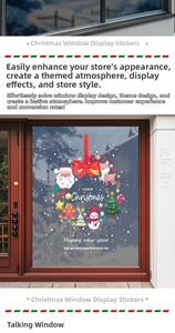 Detailed view of festive Christmas window stickers with Santa, snowman and reindeer on glass