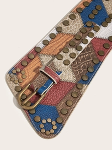 Retro multi-color patchwork wide waist belt with bronze rivets and metal buckle