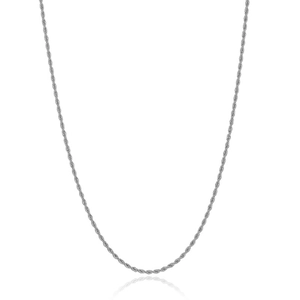 Detailed view of a silver-colored stainless steel rope chain showing spiral woven texture