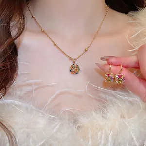 Cubic Zirconia Geometric Necklace And Earrings Copper Gold Plated Colorful Crystal Pendant Jewelry For Women Elegant
