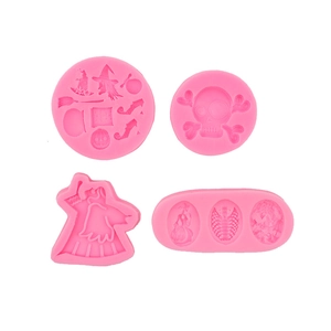 4-piece pink silicone Halloween molds featuring skulls, witches, and festive spooky patterns