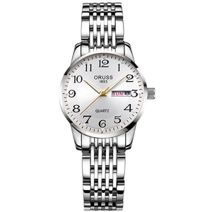 ORUSS women's quartz watch with silver steel strap, white sunburst dial and day-date display