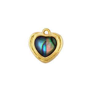 Macro shot of gold-plated heart pendant featuring a natural rainbow abalone shell inlay
