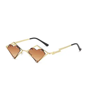 Heart shaped brown gradient lenses with gold rhombus metal frame sunglasses for women