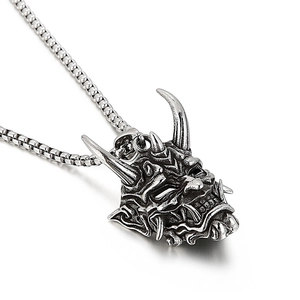 Retro stainless steel horned ghost face mask pendant with box chain for men on white background