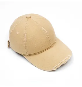 Top view of khaki distressed cotton baseball cap with raw edges and vintage twill finish