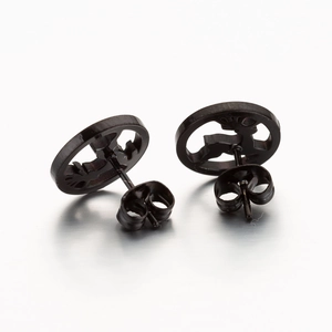 Detail view of black hollow circular stud earrings featuring an elk silhouette design