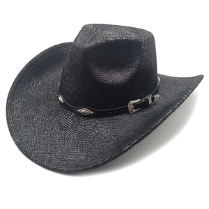 Detail of black western cowboy hat featuring metallic studs and snake texture leather
