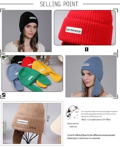 Detailed knit texture and logo label of the rabbit ear knit beanie in various colors