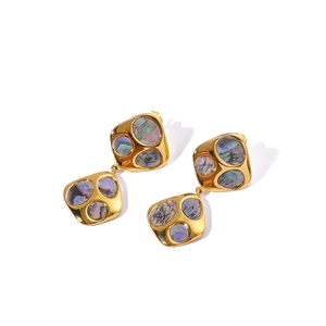 Minimalist 18K gold earrings featuring geometric square drops with natural black shell