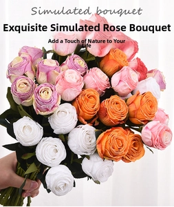 Realistic burnt edge artificial roses in mixed colors held against a striped cloth