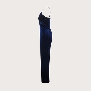 Detailed side view of deep blue velvet jumpsuit featuring sparkly glitter fabric texture