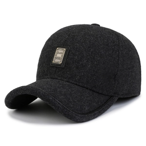 Men's wool baseball cap with ear flaps for winter outdoor warmth in dark grey