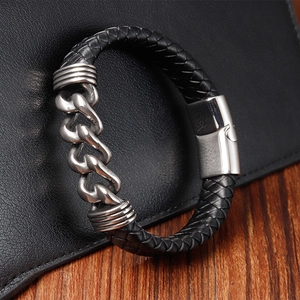 Men's braided leather bracelet with silver stainless steel Cuban chain and magnetic clasp