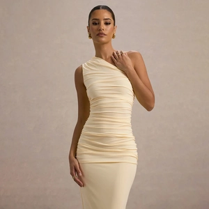 Detail of ruched fabric texture and slim-fit waist on this cream off-shoulder dress