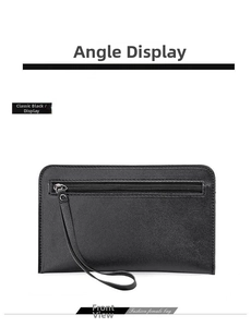 Front view of black leather clutch bag showing zip pocket and wrist strap detail