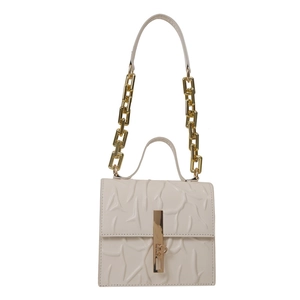 Elegant off-white chain crossbody bag with crocodile texture and gold hardware details