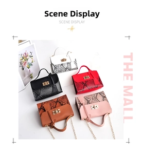 Detailed close-up showing five colors of snake skin pattern flap bags with metal locks
