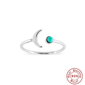 Minimalist S925 sterling silver open ring featuring a crescent moon and turquoise gemstone