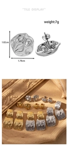 Detailed tile display of geometric hammered metal heart earrings with size measurements