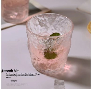 Detailed close-up of a pink glacier textured heat-resistant glass with rounded rim