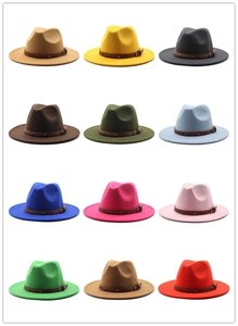 Grid display of felt fedora hats in twelve various colors with brown leather buckle bands