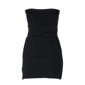 Detail view of the sleek black strapless fabric on a slim-fit bodycon mini dress set