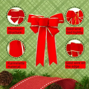 Red flannel Christmas bow with gold trim for festive tree decorations and holiday ornaments