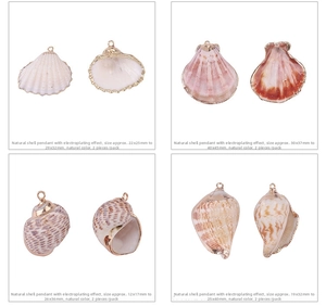 Close-up of DIY natural shells and conch pendants with gold electroplated edges for crafts