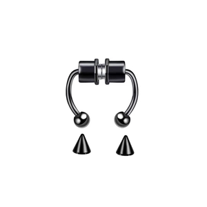 Macro detail of black magnetic horseshoe septum ring with ball and cone attachments