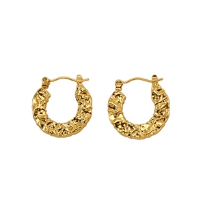 U-shaped hammered gold stainless steel hoop earrings with vintage textured finish