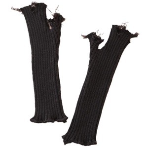 Trendy black distressed knit fingerless gloves with ripped design on white background