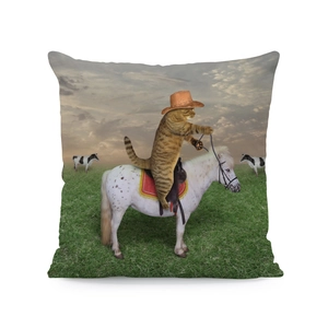 Close-up of linen pillow cover with a cat in a cowboy hat riding a horse print