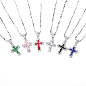 Chic silver cross pendant necklaces with vibrant square crystals in six different colors