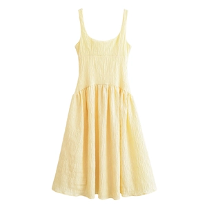 Women Sleeveless Maxi Dress Pleated Wrinkled Texture Backless Square Neck Elegant Summer Solid Color Polyester