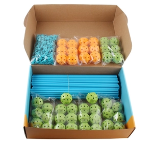 Detailed box view of 132-piece DIY kids building fort kit with rods and connector spheres